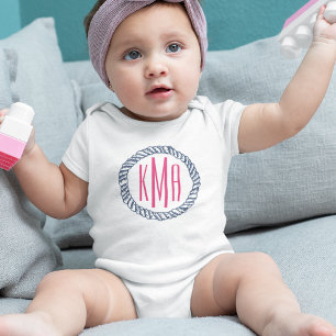 Preppy Nautical Navy & Pink Rope Monogram Baby Bodysuit