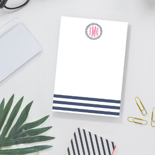 Preppy Nautical Navy Stripe & Pink Monogram Post-it Notes