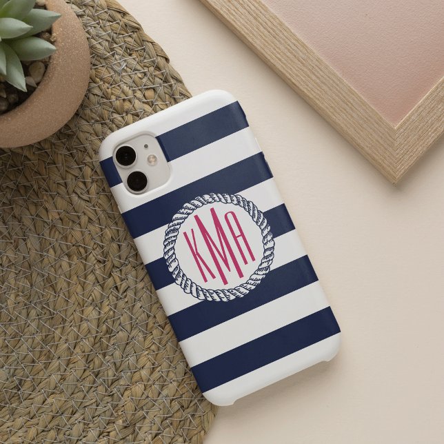 Preppy Nautical Navy & White Stripe Pink Monogram Case-Mate iPhone Case (Creator Uploaded)