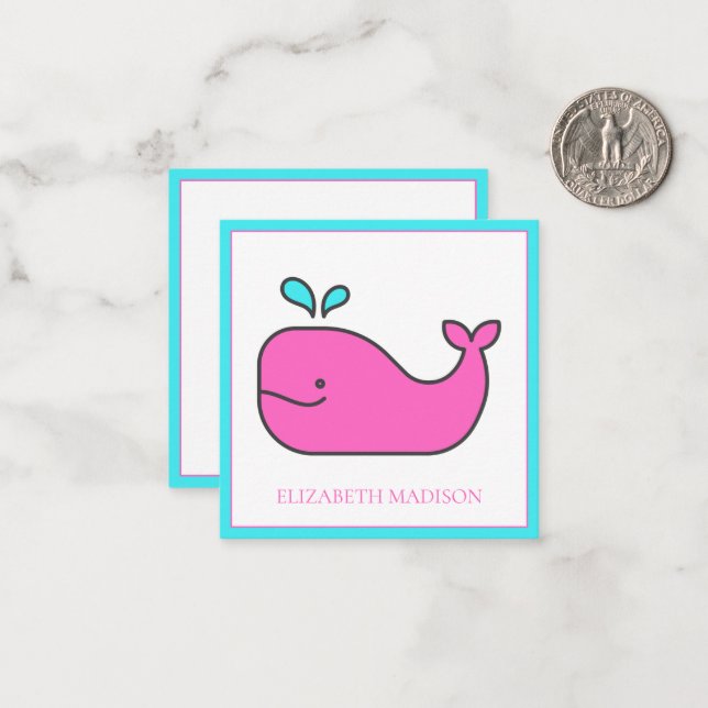 Preppy Nautical Pink and Aqua Whale Personalized Card (Front/Back In Situ)