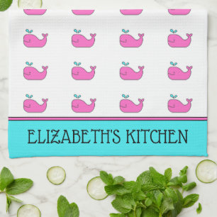 Preppy Nautical Pink and Aqua Whale Personalized Kitchen Towel
