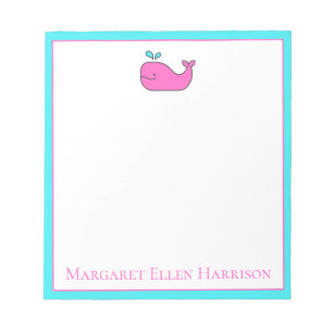 Preppy Nautical Pink and Aqua Whale Personalized Notepad