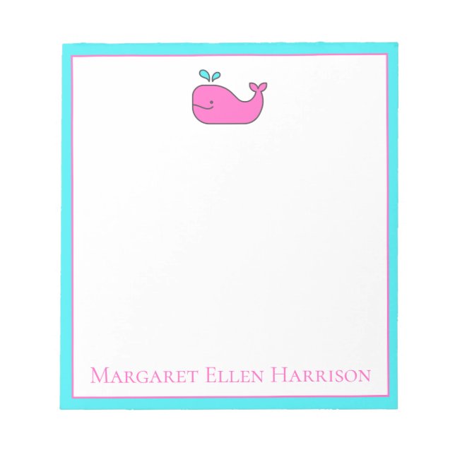 Preppy Nautical Pink and Aqua Whale Personalized Notepad (Front)
