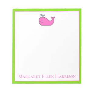 Preppy Nautical Pink and Green Whale Personalized Notepad