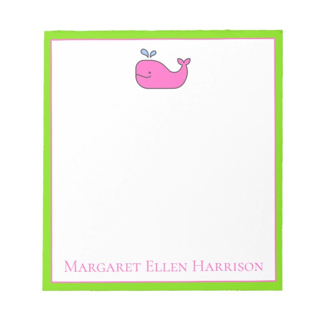 Preppy Nautical Pink and Green Whale Personalized Notepad (Front)