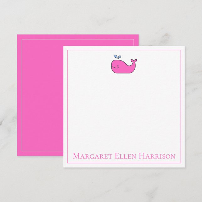 Preppy Nautical Pink and White Whale Personalized Card (Front/Back)