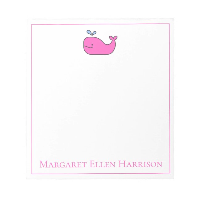 Preppy Nautical Pink and White Whale Personalized Notepad (Front)