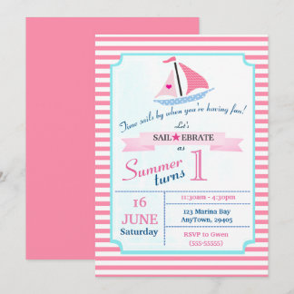 Preppy Nautical Pink Sail Away Birthday for Girl Invitation