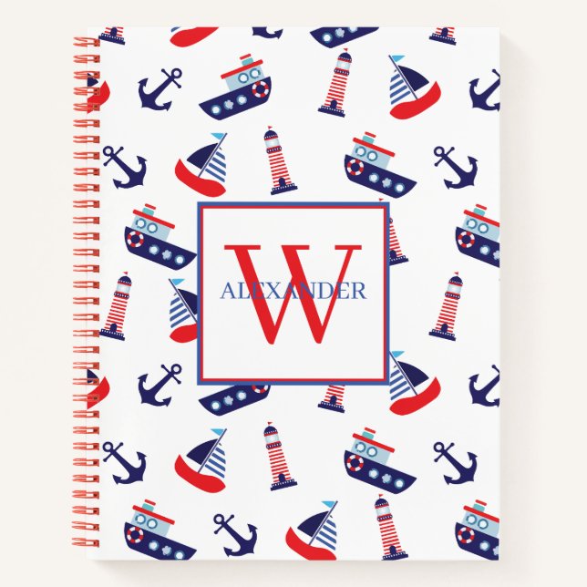 Preppy Nautical Sailboats Monogram Notebook (Front)