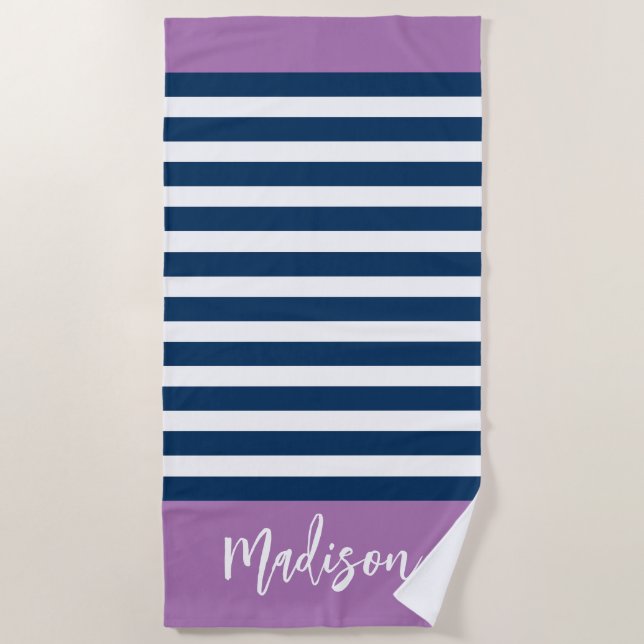 Preppy Nautical Stripe Navy Purple Calligraphy Beach Towel (Front)