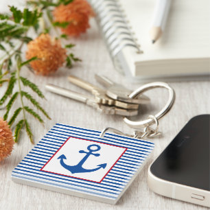 Preppy Nautical Stripes and Anchor Personalized Keychain