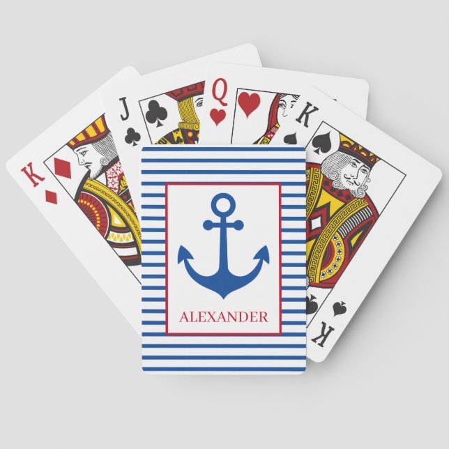 Preppy Nautical Stripes and Anchor Personalized Playing Cards (Back)