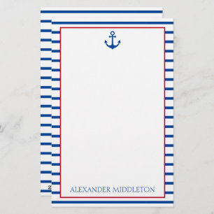 Preppy Nautical Stripes and Anchor Personalized Stationery