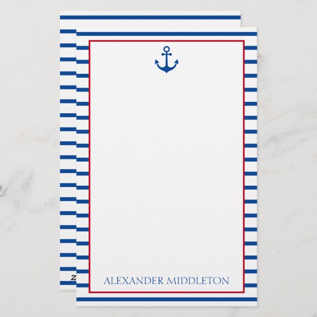 Preppy Nautical Stripes and Anchor Personalized Stationery (Front/Back)