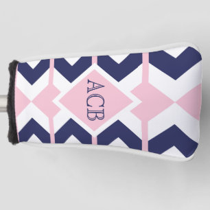 Preppy  Navy and Pink Chevron Ladies Monogram Golf Golf Head Cover