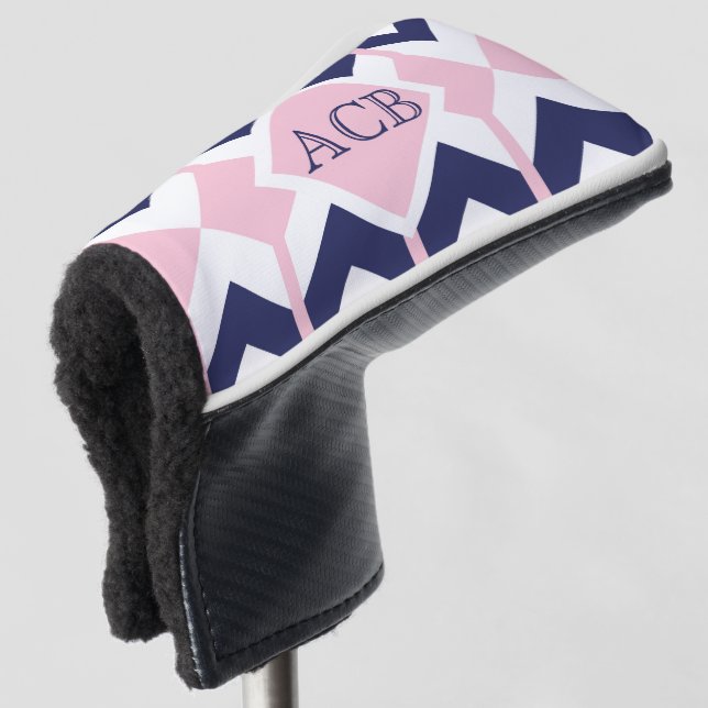 Preppy  Navy and Pink Chevron Ladies Monogram Golf Head Cover (3/4 Front)