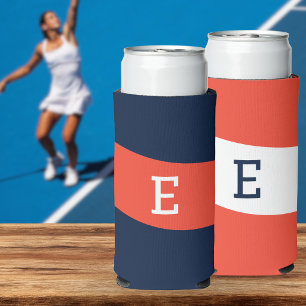 Preppy Navy Blue and Coral Red Monogram Initial Seltzer Can Cooler
