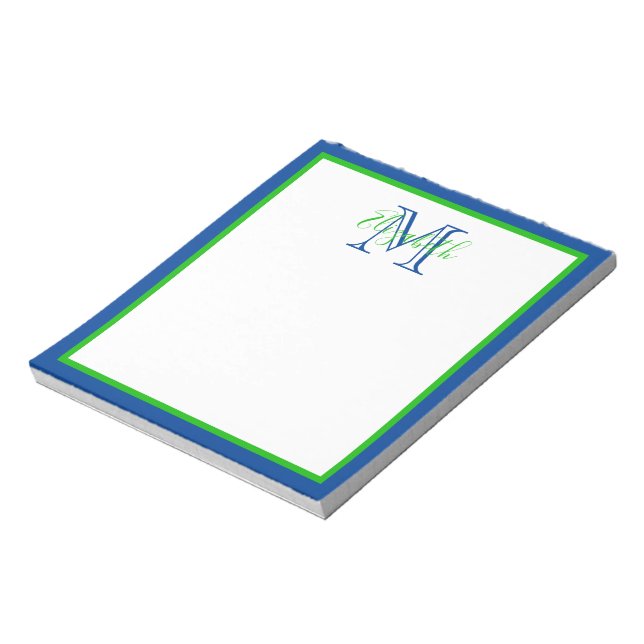 Preppy Navy Blue and Green Monogram Notepad (Rotated)