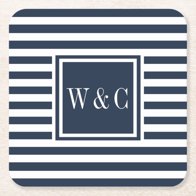Preppy Navy Blue and White Stripe Monogram Square Paper Coaster (Front)