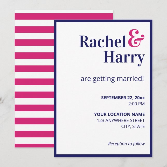 Preppy Navy Blue Border & Hot Pink Stripes Wedding Invitation (Front/Back)