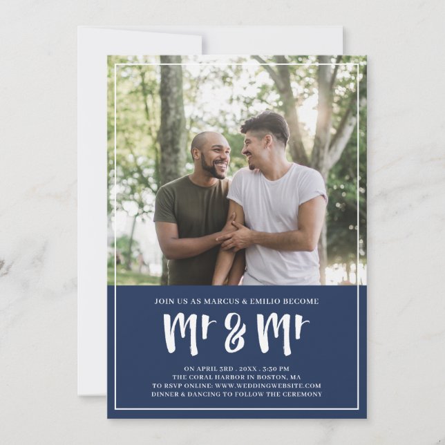 Preppy Navy Blue Mr & Mr Brush Script Wedding Invitation (Front)