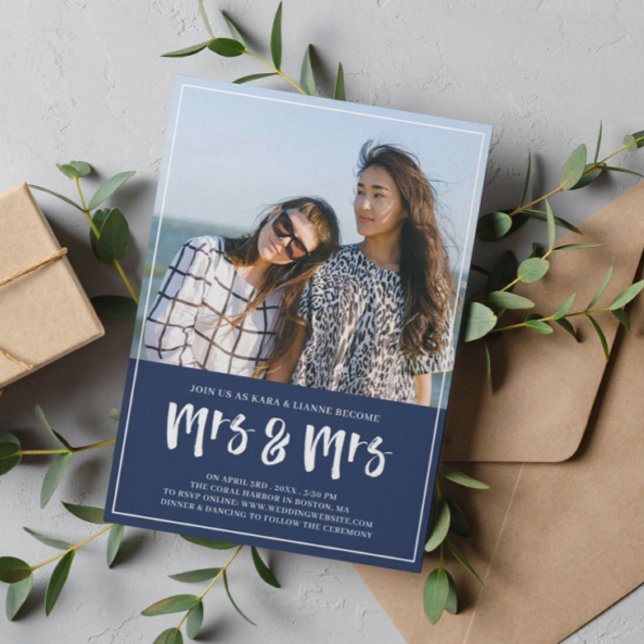 Preppy Navy Blue Mrs Mrs Brush Script Wedding Invitation (Creator Uploaded)