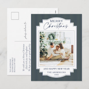 Preppy Navy Blue Striped Classic Photo Chrismas Holiday Postcard