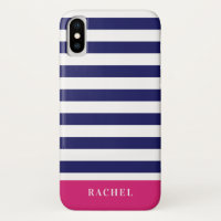 Preppy Navy Blue Stripes & Hot Pink Monogram