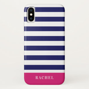 Preppy Navy Blue Stripes & Hot Pink Monogram Case-Mate iPhone Case
