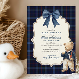 Preppy Navy Blue Tartan Teddy Bear Boy Baby Shower Invitation