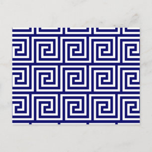 Preppy Navy Blue White Greek Key Pattern Postcard