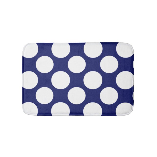 Preppy Navy Blue White Polka Dots Pattern Bath Mat (Front)