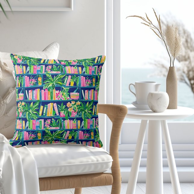 Preppy Navy Bookcase Tropical  Throw Pillow (Creator Uploaded)