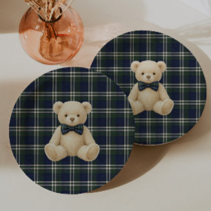Preppy Navy & Green Polo Tartan Teddy Bear Paper Plate
