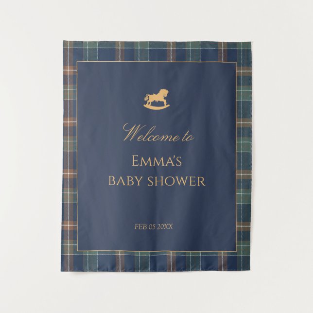 Preppy Navy Plaid Baby Shower with Rocking horse Tapestry (Front)