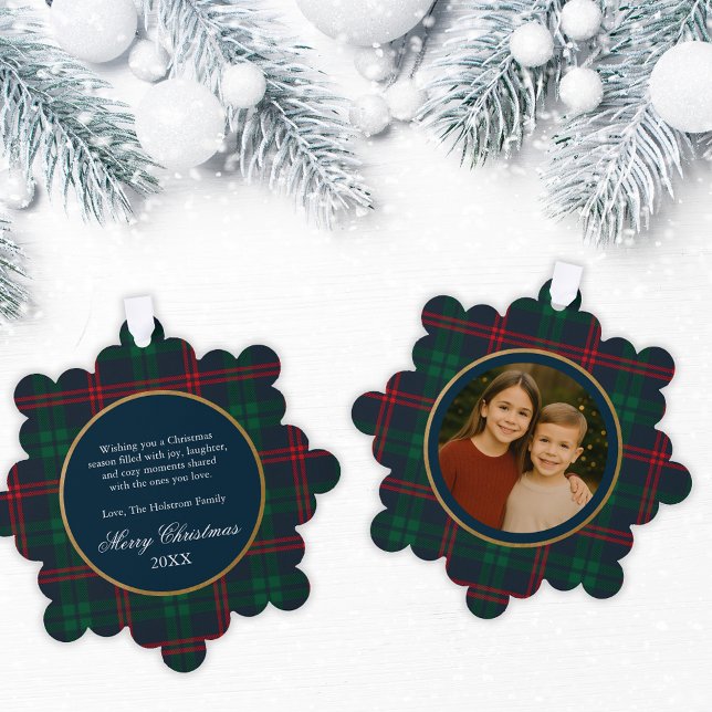 Preppy Navy Tartan Plaid Christmas Photo Ornament Card (Preppy Navy Tartan Plaid Christmas Photo Ornament Card)