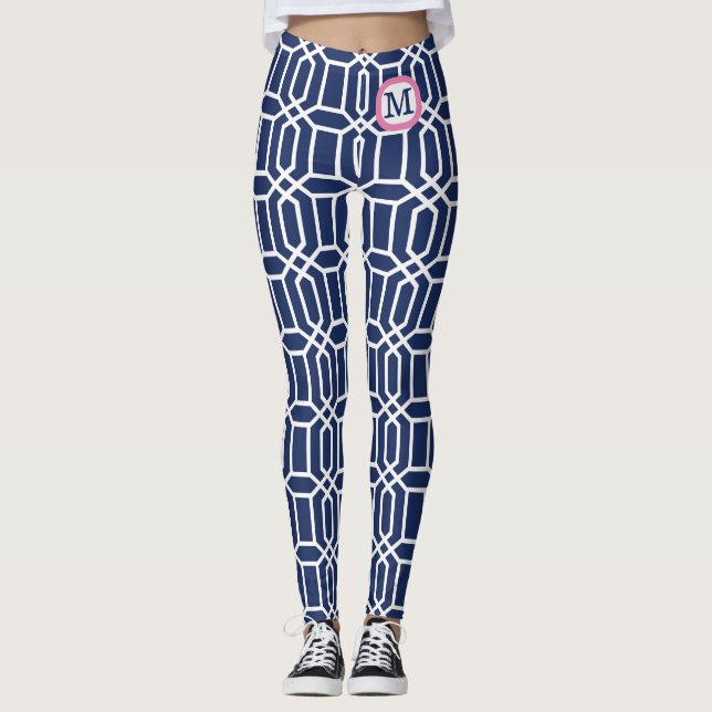Preppy Navy White Octagon Geometric Monogram Leggings (Front)