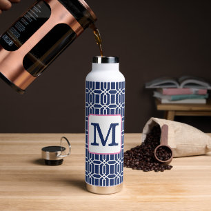 Preppy Navy White Octagon Monogram Coffee Water Bottle