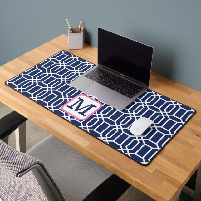 Preppy Navy White Octagon Monogram Initial Desk Mat (Office 2)