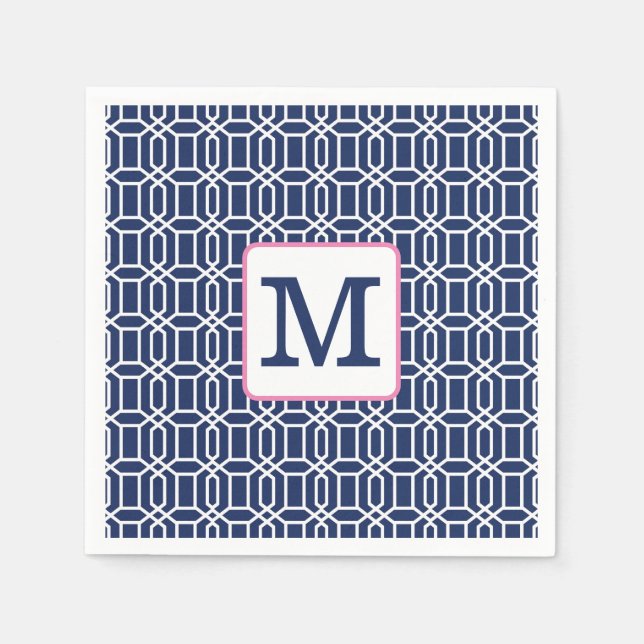 Preppy Navy White Octagon Monogram Initial Napkin (Front)