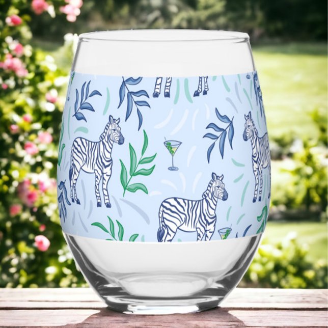Preppy Navy Zebra Martinis Blue  Stemless Wine Glass (Creator Uploaded)