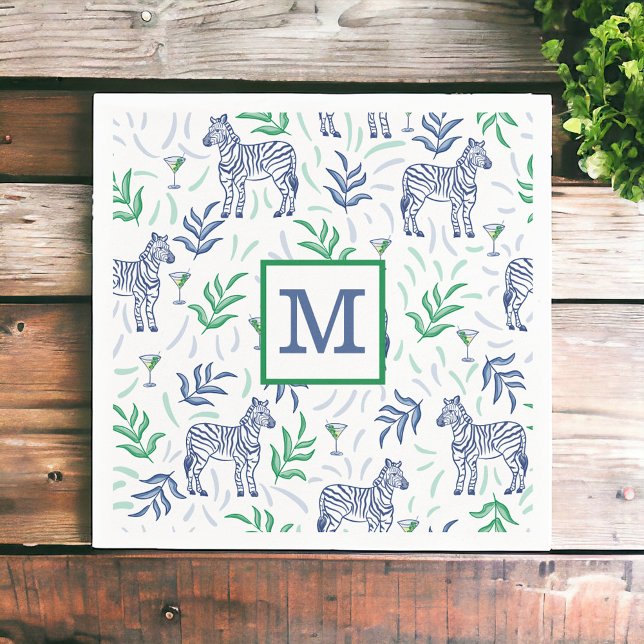 Preppy Navy Zebra Martinis White Monogram  Napkin (Creator Uploaded)