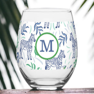 Preppy Navy Zebra Martinis White Monogram Stemless Wine Glass