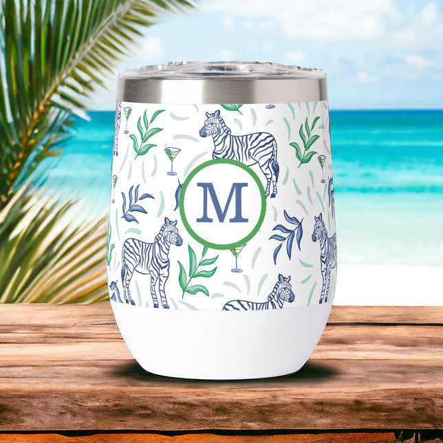 Preppy Navy Zebra Martinis White Monogramme (Créateur téléchargé)