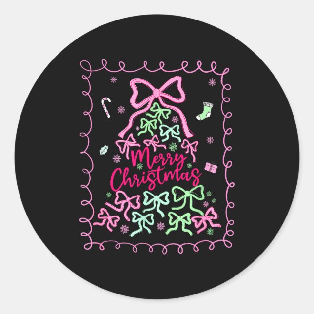 Preppy Nk Coquette Bow Christmas Tree Girly Xmas H Classic Round Sticker (Front)