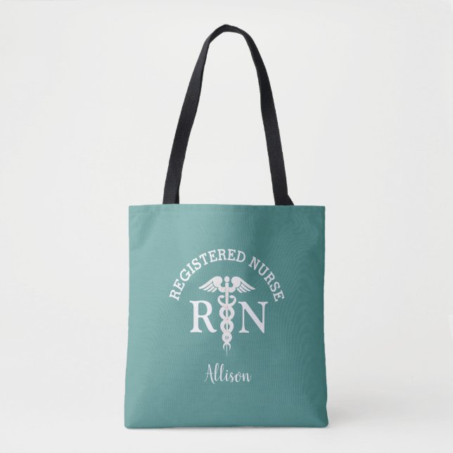 Preppy Nurse RN Medical Teal Script Personalized  Tote Bag (Front)