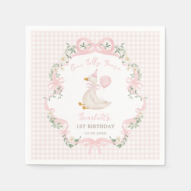 Preppy One Silly Goose Pink Bow 1st Birthday Napkin (Front)