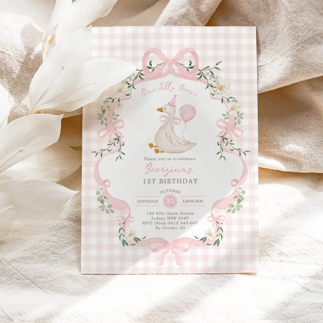 Preppy One Silly Goose Pink Bow Girl 1st Birthday Invitation (Creator Uploaded)