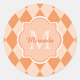 Preppy Orange Argyle Girly Monogram and Name Classic Round Sticker