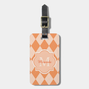 Preppy Orange Argyle Girly Monogram and Name Luggage Tag